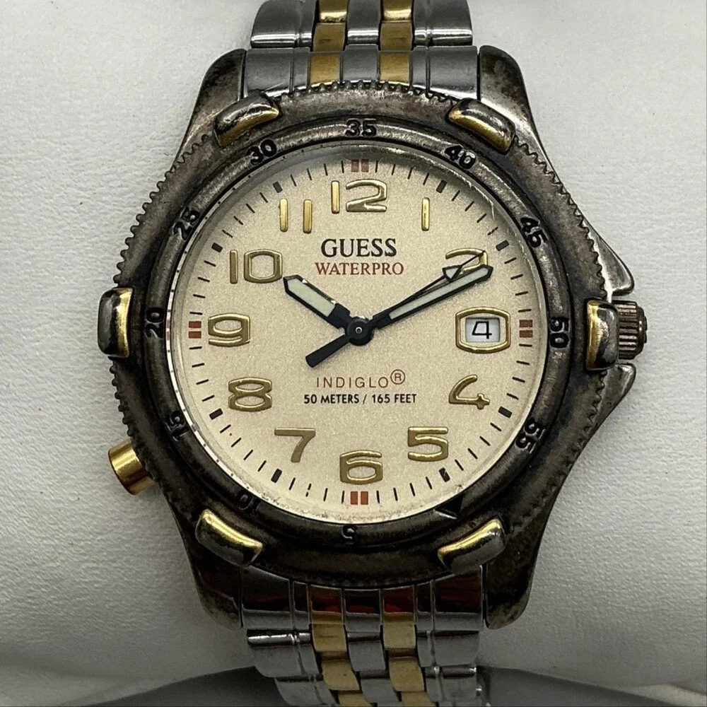 Vintage Guess Waterpro Mens Watch 37mm Cream Indiglo Two Tone New Battery 7.25